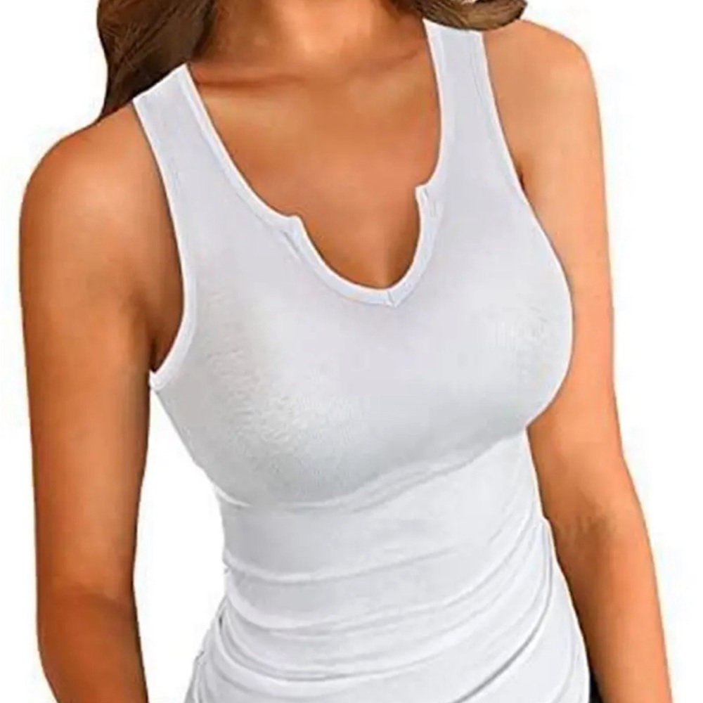 NWOT Split Crew Neck Tank Top, Casual Solid Sleeveless Ribbed Tank Top